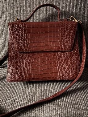 Croc-Embossed Top Handle Satchel in Deep Brown